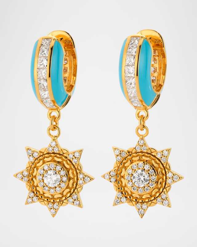 20K Sky Blue Enamel and Diamond Huggie Earrings with 16mm Baby Suns